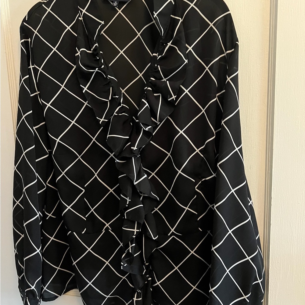 Jones New York Black and White Checkered Blouse Ruffles Y2K